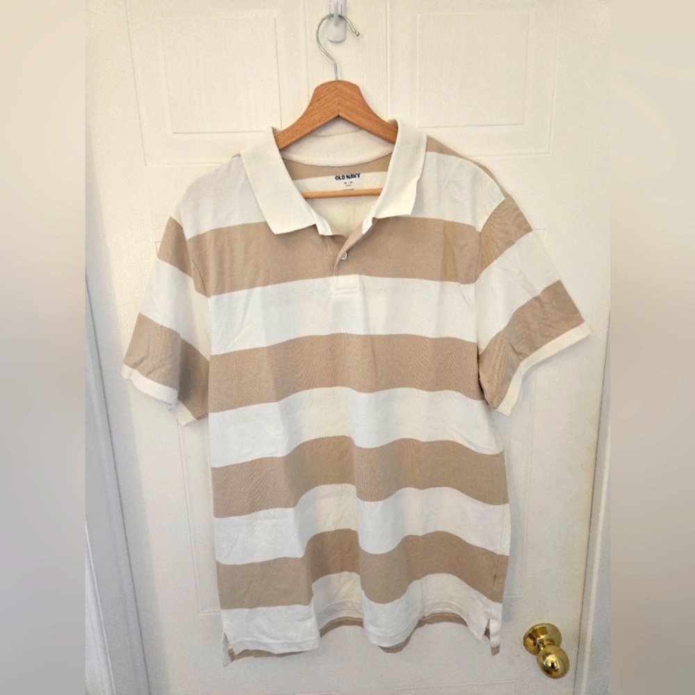 XL Old Navy Men's Tan and White Striped Polo Shirt